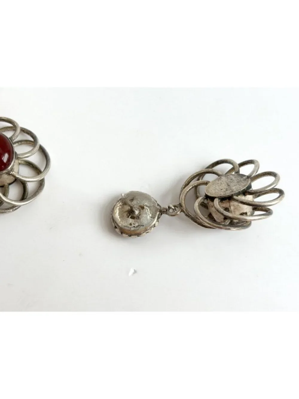 Carnelian Accented Scalloped Vintage Sterling Silver 925 Drop Southwest Earrings